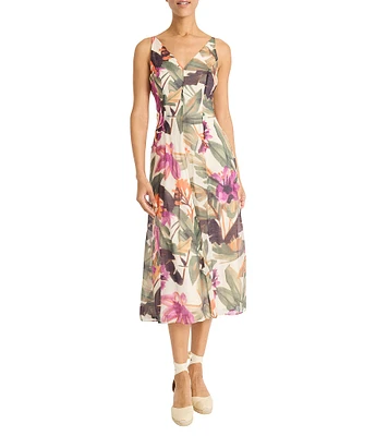 Maggy London Double V-neck Sleeveless Floral Tropical Printed Voile Midi Dress
