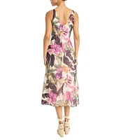 Maggy London Double V-neck Sleeveless Floral Tropical Printed Voile Midi Dress