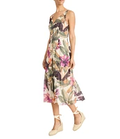 Maggy London Double V-neck Sleeveless Floral Tropical Printed Voile Midi Dress