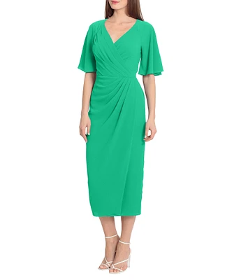 Maggy London Draped Faux Wrap Short Flutter Sleeve Surplice V-Neck Pebble Crepe Midi Dress