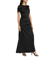 Maggy London Draped One Shoulder Crepe Back Satin A-Line Gown