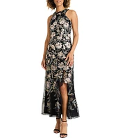 Maggy London Embroidered Floral Mock Halter Neck Sleeveless Side Slit Dress