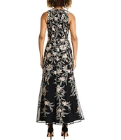 Maggy London Embroidered Floral Mock Halter Neck Sleeveless Side Slit Dress