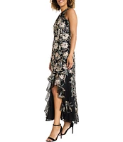 Maggy London Embroidered Floral Mock Halter Neck Sleeveless Side Slit Dress