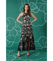 Maggy London Embroidered Floral Mock Halter Neck Sleeveless Side Slit Dress