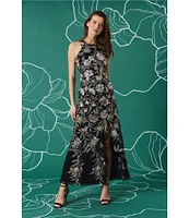 Maggy London Embroidered Floral Mock Halter Neck Sleeveless Side Slit Dress