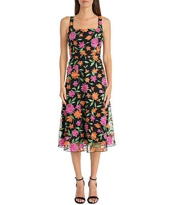 Maggy London Embroidered Square Neck Sleeveless Midi Dress