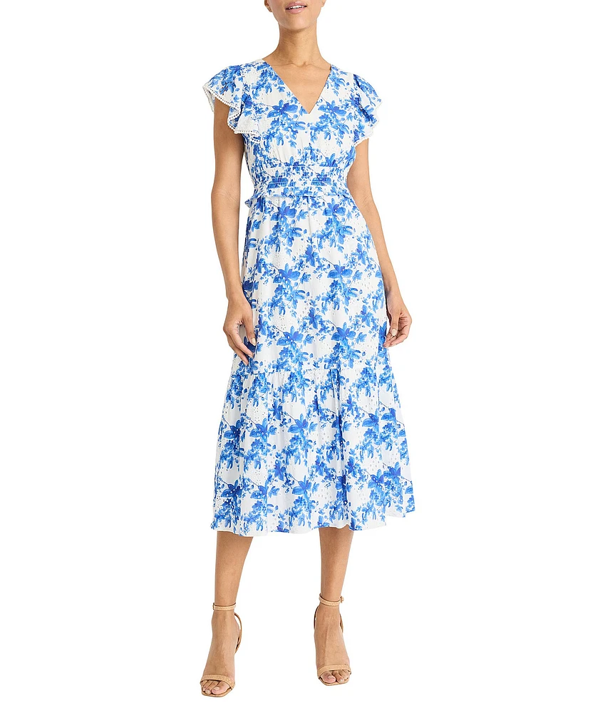 Maggy London Eyelet Floral Print V-Neck Short Sleeve A-Line Midi Dress