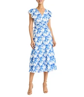 Maggy London Eyelet Floral Print V-Neck Short Sleeve A-Line Midi Dress