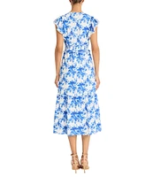 Maggy London Eyelet Floral Print V-Neck Short Sleeve A-Line Midi Dress