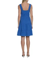 Maggy London Eyelet Gingham Print Square Neck Sleeveless Tiered Dress