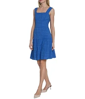 Maggy London Eyelet Gingham Print Square Neck Sleeveless Tiered Dress