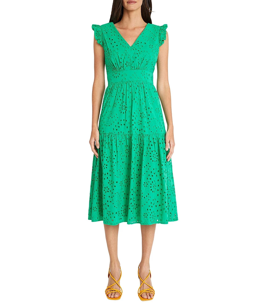 Maggy London Eyelet Ruffle Cap Sleeve Tiered Hem V-Neck Midi Dress