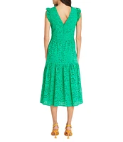 Maggy London Eyelet Ruffle Cap Sleeve Tiered Hem V-Neck Midi Dress