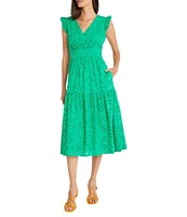 Maggy London Eyelet Ruffle Cap Sleeve Tiered Hem V-Neck Midi Dress