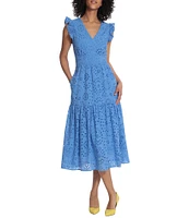 Maggy London Eyelet Ruffle Cap Sleeve Tiered Hem V-Neck Midi Dress