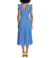 Maggy London Eyelet Ruffle Cap Sleeve Tiered Hem V-Neck Midi Dress