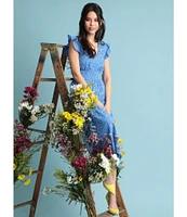 Maggy London Eyelet Ruffle Cap Sleeve Tiered Hem V-Neck Midi Dress