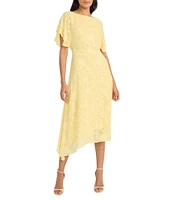 Maggy London Floral Burnout Round Neck Short Flutter Sleeve Midi Dress