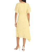 Maggy London Floral Burnout Round Neck Short Flutter Sleeve Midi Dress