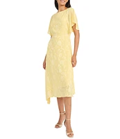 Maggy London Floral Burnout Round Neck Short Flutter Sleeve Midi Dress