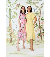 Maggy London Floral Burnout Round Neck Short Flutter Sleeve Midi Dress