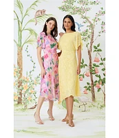 Maggy London Floral Burnout Round Neck Short Flutter Sleeve Midi Dress