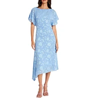 Maggy London Floral Burnout Round Neck Short Flutter Sleeve Midi Dress