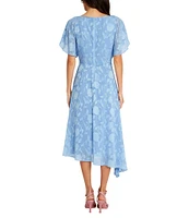 Maggy London Floral Burnout Round Neck Short Flutter Sleeve Midi Dress