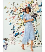 Maggy London Floral Burnout Round Neck Short Flutter Sleeve Midi Dress