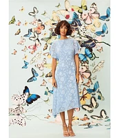 Maggy London Floral Burnout Round Neck Short Flutter Sleeve Midi Dress