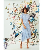 Maggy London Floral Burnout Round Neck Short Flutter Sleeve Midi Dress
