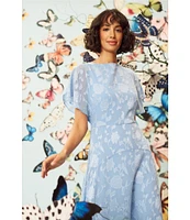 Maggy London Floral Burnout Round Neck Short Flutter Sleeve Midi Dress