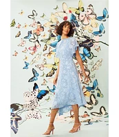 Maggy London Floral Burnout Round Neck Short Flutter Sleeve Midi Dress
