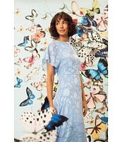 Maggy London Floral Burnout Round Neck Short Flutter Sleeve Midi Dress