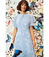 Maggy London Floral Burnout Round Neck Short Flutter Sleeve Midi Dress