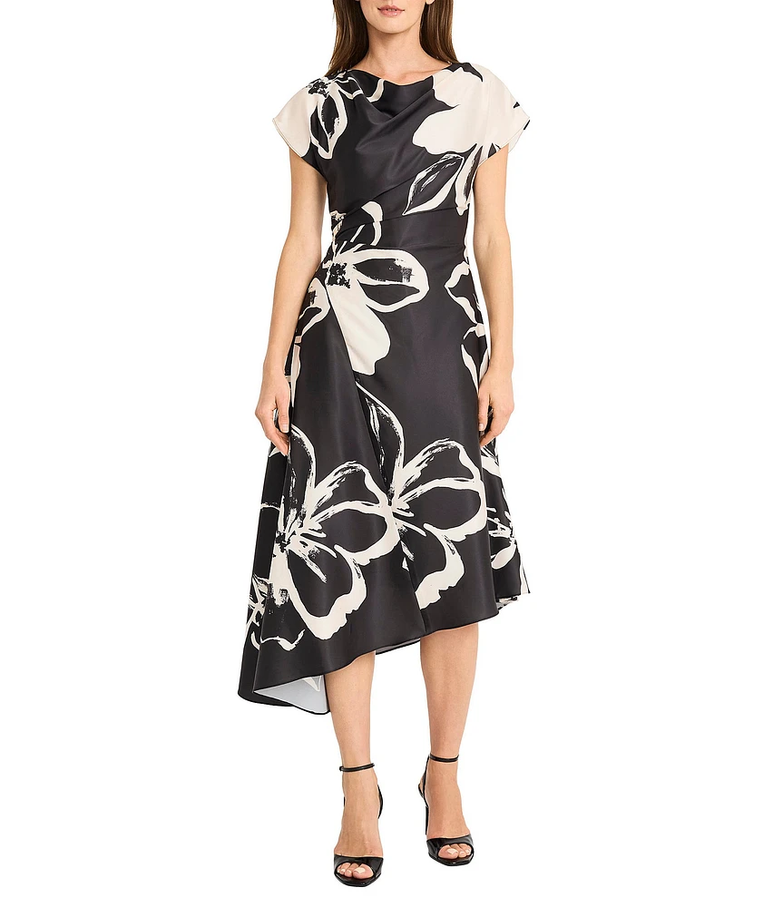 Maggy London Floral Charmeuse Cowl Neck Short Sleeve Asymmetrical Hem A-Line Midi Dress