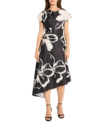 Maggy London Floral Charmeuse Cowl Neck Short Sleeve Asymmetrical Hem A-Line Midi Dress