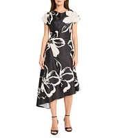 Maggy London Floral Charmeuse Cowl Neck Short Sleeve Asymmetrical Hem A-Line Midi Dress