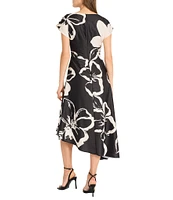 Maggy London Floral Charmeuse Cowl Neck Short Sleeve Asymmetrical Hem A-Line Midi Dress