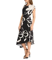 Maggy London Floral Charmeuse Cowl Neck Short Sleeve Asymmetrical Hem A-Line Midi Dress