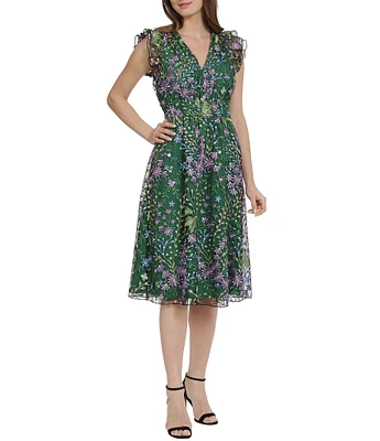 Maggy London Floral Embroidered Ruffle Trim Sleeveless A-Line Midi Dress