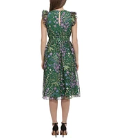 Maggy London Floral Embroidered Ruffle Trim Sleeveless A-Line Midi Dress