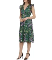 Maggy London Floral Embroidered Ruffle Trim Sleeveless A-Line Midi Dress