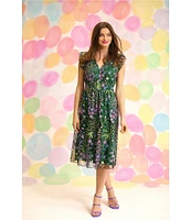 Maggy London Floral Embroidered Ruffle Trim Sleeveless A-Line Midi Dress