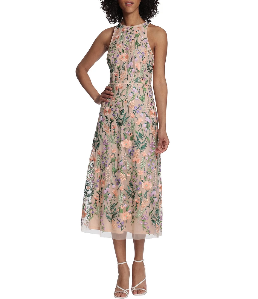 Maggy London Floral Embroidery Halter Neck Sleeveless Plunge Back Detail Midi Dress