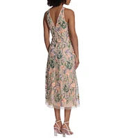 Maggy London Floral Embroidery Halter Neck Sleeveless Plunge Back Detail Midi Dress