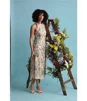 Maggy London Floral Embroidery Halter Neck Sleeveless Plunge Back Detail Midi Dress