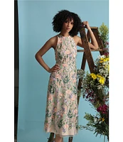 Maggy London Floral Embroidery Halter Neck Sleeveless Plunge Back Detail Midi Dress