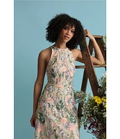 Maggy London Floral Embroidery Halter Neck Sleeveless Plunge Back Detail Midi Dress